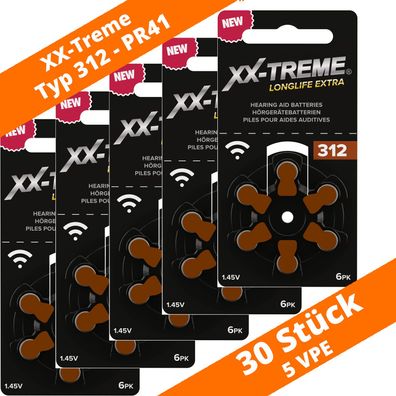 30 Stück XX-TREME Longlife Extra Hörgerätebatterien 312 Braun PR41 5 x 6er