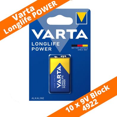 10 x Varta 9V-Block 4922 Longlife Power ex. High Energy E-Block 6LR61 Batterie