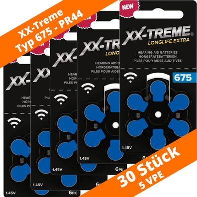 30 Stück XX-TREME Longlife Extra Hörgerätebatterien Typ 675 PR44 Blau NEU