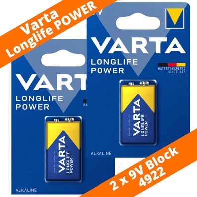 2 x Varta 9V-Block 4922 Longlife Power ex. High Energy E-Block 6LR61 Batterie