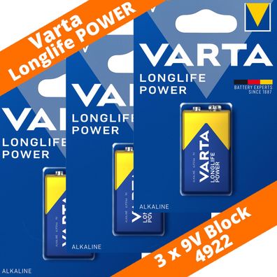 3 x Varta 9V-Block 4922 Longlife Power ex. High Energy E-Block 6LR61 Batterie