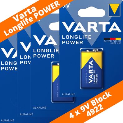 4 x Varta 9V-Block 4922 Longlife Power ex. High Energy E-Block 6LR61 Batterie