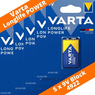 5 x Varta 9V-Block 4922 Longlife Power ex. High Energy E-Block 6LR61 Batterie