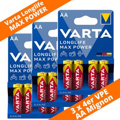12 x Varta Longlife Max Power / Max Tech 4706 AA Mignon LR6 Foto 1,5V Batterie