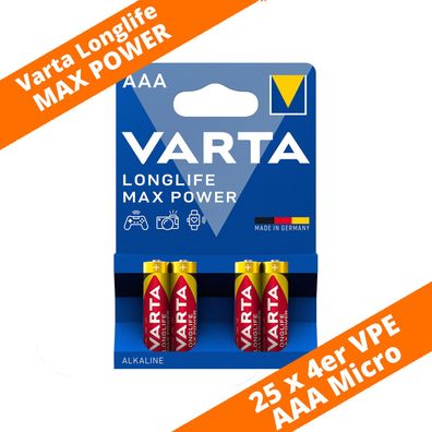 100 x Varta Longlife Max Power / Max Tech 4703 AAA Micro LR03 Foto 1,5V Batterie