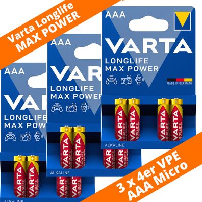 12 x Varta Longlife Max Power / Max Tech 4703 AAA Micro LR03 Foto 1,5V Batterie