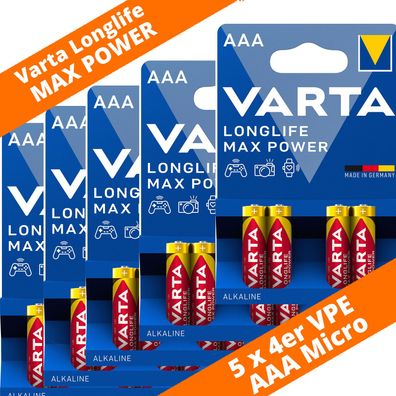 20 x Varta Longlife Max Power / Max Tech 4703 AAA Micro LR03 Foto 1,5V Batterie