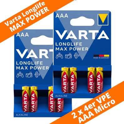 8 x Varta Longlife Max Power / Max Tech 4703 AAA Micro LR03 Foto 1,5V Batterie