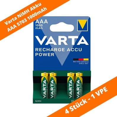 4 x Varta 5703 Power Akku AAA Micro HR03 1,2V 1000mAh NiMH Recharge Accu Power