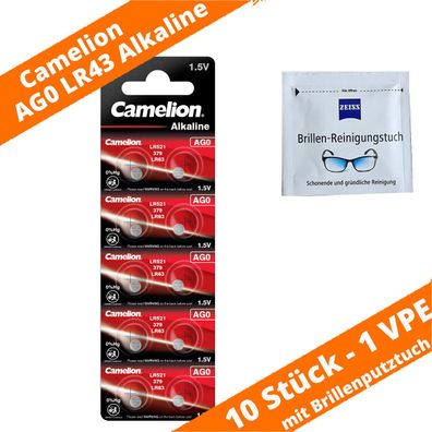 10 x AG0 LR521 SR521W V379 Knopfzellen Alkaline Camelion + ZEISS Brillentuch