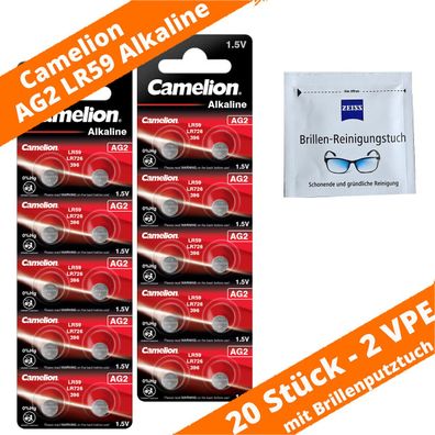 20 x Camelion AG2 LR59 LR726 196 396 Alkaline Knopfzellen 1,5V & Brillentuch