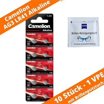 10 x AG3 LR41 LR736 V392 Knopfzellen Alkaline Camelion 1,5V + ZEISS Brillentuch