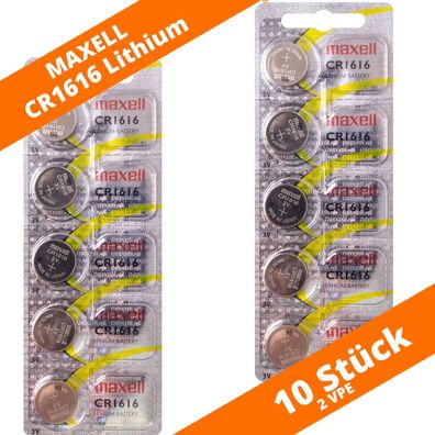 10 x Maxell CR 1616 Lithium Batterien 3V Knopfzellen DL1616 Blister CR1616