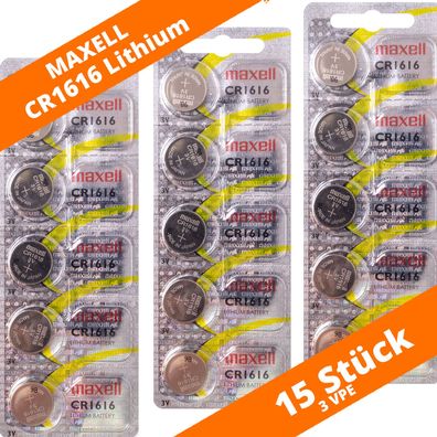 15 x Maxell CR 1616 Lithium Batterien 3V Knopfzellen DL1616 Blister CR1616