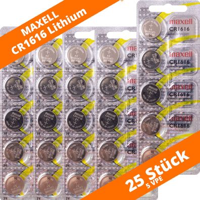 25 x Maxell CR 1616 Lithium Batterien 3V Knopfzellen DL1616 Blister CR1616
