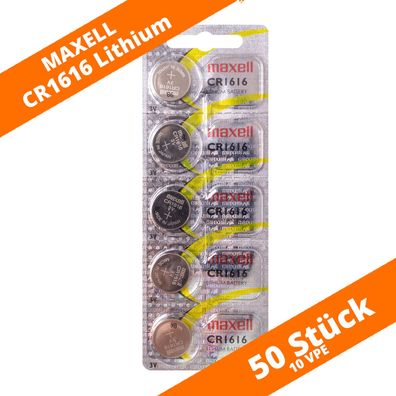 50 x Maxell CR 1616 Lithium Batterien 3V Knopfzellen DL1616 Blister CR1616