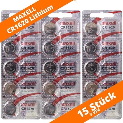 15 x Maxell CR 1620 Lithium Batterien 3V Knopfzellen DL1620 Blister CR1620