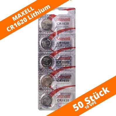 50 x Maxell CR 1620 Lithium Batterien 3V Knopfzellen DL1620 Blister CR1620