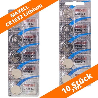 10 x Maxell CR 1632 Lithium Batterien 3V Knopfzellen DL1632 Blister CR1632