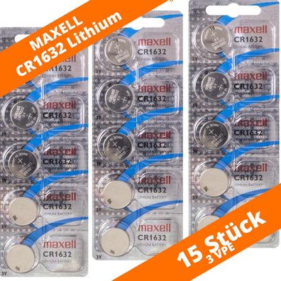15 x Maxell CR 1632 Lithium Batterien 3V Knopfzellen DL1632 Blister CR1632