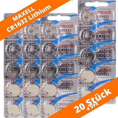 20 x Maxell CR 1632 Lithium Batterien 3V Knopfzellen DL1632 Blister CR1632