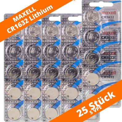 25 x Maxell CR 1632 Lithium Batterien 3V Knopfzellen DL1632 Blister CR1632