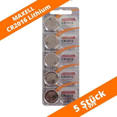 5 x Maxell CR2016 Knopfzelle 3V Lithium Batterie Autoschlüssel LED-Kerzen
