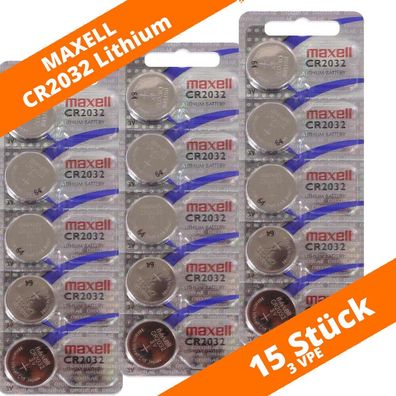 15 x Maxell CR 2032 Lithium Batterien 3V Knopfzellen DL2032 LED Kerze Auto