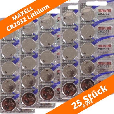 25 x Maxell CR 2032 Lithium Batterien 3V Knopfzellen DL2032 LED Kerze Auto