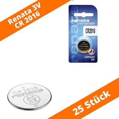 25 x Renata CR2016 Lithium Knopfzelle 90mAh 3,0 V CR 2016 20mm x 1,6mm Batterie