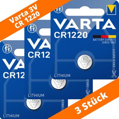 3 x Varta CR 1220 DL1220 3V Lithium Batterie Knopfzelle 35mAh Blister 6220