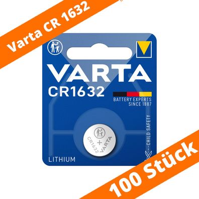 100 x Varta CR1632 DL1632 3V Lithium Batterie Knopfzelle 3,2 x 16mm Blister 6632