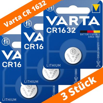 3 x Varta CR 1632 DL1632 3V Lithium Batterie Knopfzelle 3,2 x 16mm Blister 6632