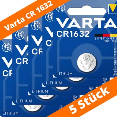 5 x Varta CR 1632 DL1632 3V Lithium Batterie Knopfzelle 3,2 x 16mm Blister 6632