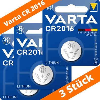 3 x Varta CR 2016 DL2016 3V Lithium Batterie Knopfzelle Blister 6016 90mAh