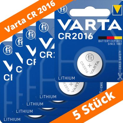5 x Varta CR 2016 DL2016 3V Lithium Batterie Knopfzelle Blister 6016 90mAh
