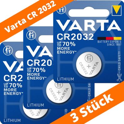 3 x Varta CR 2032 DL2032 3V Lithium Batterie Knopfzelle Blister 6032 230mAh