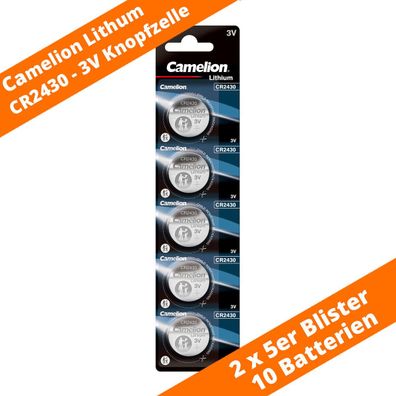 10 x CR2430 Lithium Knopfzelle Batterie von Camelion ø24,5x3 mm DL2430 270mAh