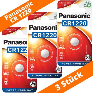 3 x Panasonic CR1220 3V Lithium im Blister Batterie Knopfzelle CR 1220 NEU