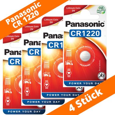 4 x Panasonic CR1220 3V Lithium im Blister Batterie Knopfzelle CR 1220 NEU