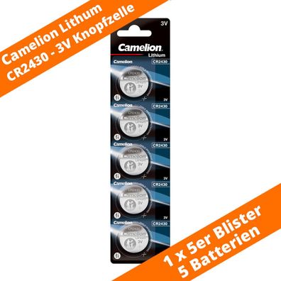 5 x CR2430 Lithium Knopfzelle Batterie von Camelion ø24,5x3 mm DL2430 270mAh