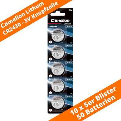 50 x CR2430 Lithium Knopfzelle Batterie von Camelion ø24,5x3 mm DL2430 270mAh
