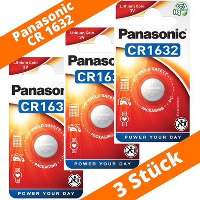 3 x Panasonic CR1632 3V Lithium im Blister Batterie Knopfzelle 140mAh NEU