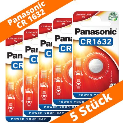 5 x Panasonic CR1632 3V Lithium im Blister Batterie Knopfzelle 140mAh NEU