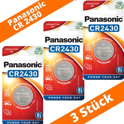 3 x Panasonic CR2430 3V Lithium Knopfzelle Batterie 285mAh 24,5mm x 3mm