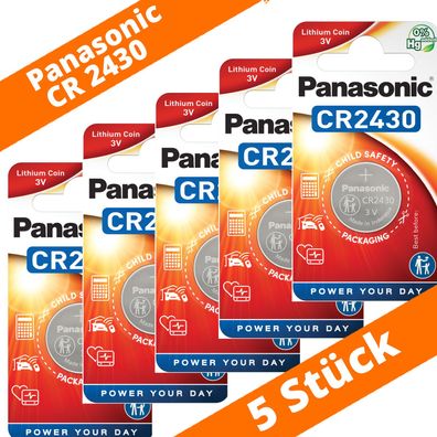 5 x Panasonic CR2430 3V Lithium Knopfzelle Batterie 285mAh 24,5mm x 3mm