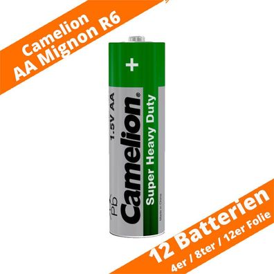 12 x Camelion R6 AA Mignon Batterien Super Heavy Duty 1,5V Zink Kohle Folie