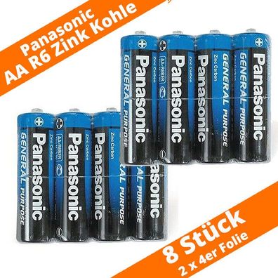 8 x Panasonic AA Mignon R6 Zink Kohle Batterien Folie 2 x 4er Folie 1,5V