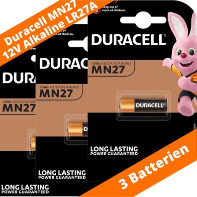 3 x Duracell MN27 V27A A27 8LR732 12V Batterie Knopfzelle Alkaline Fernbedienung