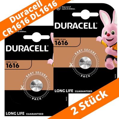 2 x CR1616 Duracell Lithium Knopfzelle DL1616 270mAh 3V Batterie 16mm x 1,6mm